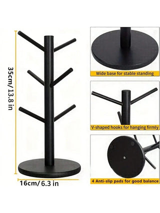 AYNEX Wooden Mug Rack 6 Hooks Black | Coffee Cup Holder Organiser | Kitchen Coffee Station Bar Home Décor Accessory | Bathroom Shelf