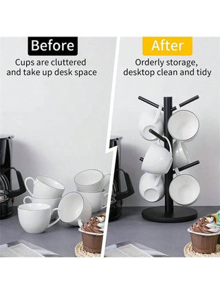 AYNEX Wooden Mug Rack 6 Hooks Black | Coffee Cup Holder Organiser | Kitchen Coffee Station Bar Home Décor Accessory | Bathroom Shelf