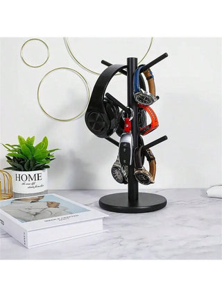 AYNEX Wooden Mug Rack 6 Hooks Black | Coffee Cup Holder Organiser | Kitchen Coffee Station Bar Home Décor Accessory | Bathroom Shelf