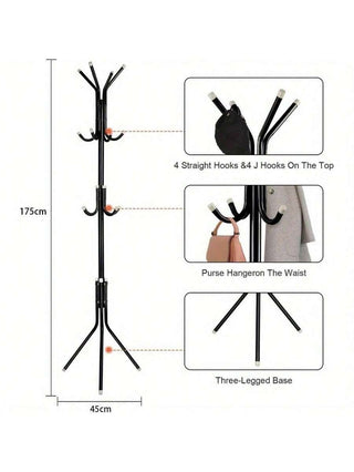 AYNEX 12 Hook Coat Rack Stand 175cm Floor Standing Clothes Hanger Holder Jacket Umbrella Hat Black Iron Bedroom Home Decor