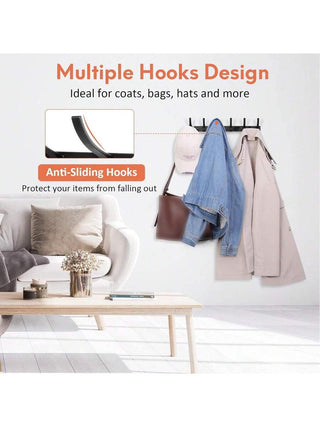 AYNEX Black Wall Mounted Coat Hooks Set Of 2 Heavy Duty 6 Hook Clothes Hanger Rack For Entryway Bedroom Bathroom & Closet Storage