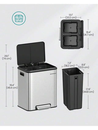 AYNEX Double Kitchen Recycling Bin 2x15L 30L Total Steel Soft Close Lid Wide Sturdy Pedal Waste Separation Removable Inner Buckets Metallic Silver