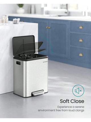 AYNEX Double Kitchen Recycling Bin 2x15L 30L Total Steel Soft Close Lid Wide Sturdy Pedal Waste Separation Removable Inner Buckets Metallic Silver