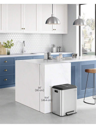 AYNEX Double Kitchen Recycling Bin 2x15L 30L Total Steel Soft Close Lid Wide Sturdy Pedal Waste Separation Removable Inner Buckets Metallic Silver