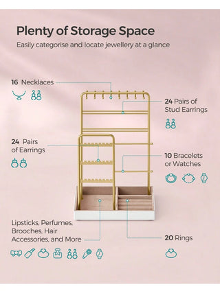 AYNEX Gold Jewellery Stand Organiser Metal Frame Velvet Tray 30cm Earring Bracelet Necklace Ring Stud Holder Display Stand Gift Idea Women