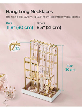 AYNEX Gold Jewellery Stand Organiser Metal Frame Velvet Tray 30cm Earring Bracelet Necklace Ring Stud Holder Display Stand Gift Idea Women