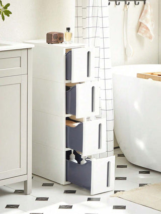 AYNEX 4 Tier Narrow Storage Tower on Wheels 28L Plastic Shelf Unit Space Saving Kitchen Bathroom Bedroom Column Trolley 45x17x84cm White