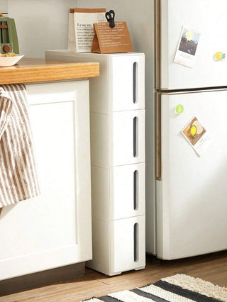 AYNEX 4 Tier Narrow Storage Tower on Wheels 28L Plastic Shelf Unit Space Saving Kitchen Bathroom Bedroom Column Trolley 45x17x84cm White