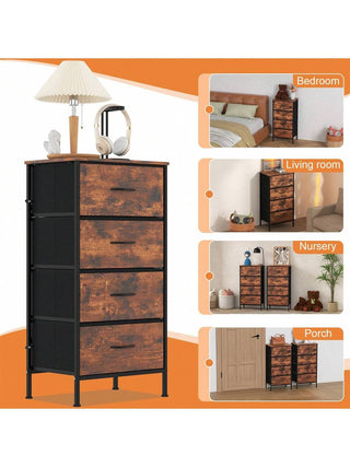 AYNEX 4-Drawer Fabric Dresser Wooden Top & Metal Frame | Large Storage Chest of Drawers Bedroom Nursery Living Room | Rust Brown