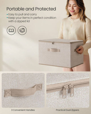AYNEX Set of 6 Foldable Storage Organiser Boxes Zip Lids & Handles Non-Woven Fabric 40x30x25cm Clothes Wardrobe Shelf Under Bed Bedroom Sand Beige