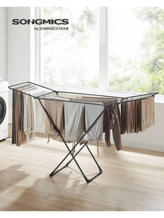 AYNEX Foldable Clothes Airer Drying Rack With Gullwings 18 Metre 17 Rods Steel 50x182x102cm Indoor Outdoor Free Standing Laundry Clothes Horse Black
