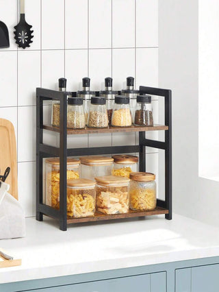 AYNEX 2-Tier Bamboo & MDF Spice Rack Desktop Organiser Rustic Brown Black Frame 42x18x43cm Kitchen Shelf Dining Room Home Office Bathroom Living Room Storage