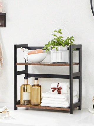 AYNEX 2-Tier Bamboo & MDF Spice Rack Desktop Organiser Rustic Brown Black Frame 42x18x43cm Kitchen Shelf Dining Room Home Office Bathroom Living Room Storage