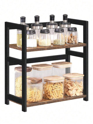 AYNEX 2-Tier Bamboo & MDF Spice Rack Desktop Organiser Rustic Brown Black Frame 42x18x43cm Kitchen Shelf Dining Room Home Office Bathroom Living Room Storage