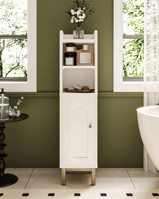 AYNEX Small Corner Bathroom Floor Cabinet With Door & Adjustable Shelves | Narrow Toilet Paper Storage Unit | MDF & Metal Base | Anti-Tip Kit Included | White | 8x8x32.7"