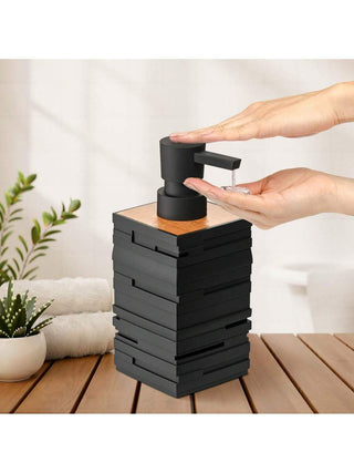 AYNEX Matte Black Soap Dispenser with Bamboo Decoration | Kitchen & Bathroom Refillable Dispenser | Minimalist Home Décor