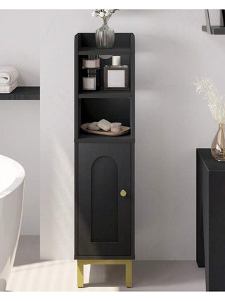 AYNEX Small Corner Bathroom Floor Cabinet With Door & Adjustable Shelves | Narrow Toilet Paper Storage Unit | MDF & Metal Base | Anti-Tip Kit Included | White & Black | 8x8x32.7"