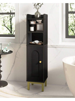 AYNEX Small Corner Bathroom Floor Cabinet With Door & Adjustable Shelves | Narrow Toilet Paper Storage Unit | MDF & Metal Base | Anti-Tip Kit Included | White & Black | 8x8x32.7"