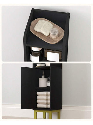 AYNEX Small Corner Bathroom Floor Cabinet With Door & Adjustable Shelves | Narrow Toilet Paper Storage Unit | MDF & Metal Base | Anti-Tip Kit Included | White & Black | 8x8x32.7"