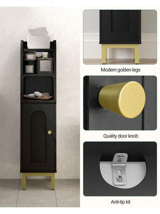 AYNEX Small Corner Bathroom Floor Cabinet With Door & Adjustable Shelves | Narrow Toilet Paper Storage Unit | MDF & Metal Base | Anti-Tip Kit Included | White & Black | 8x8x32.7"