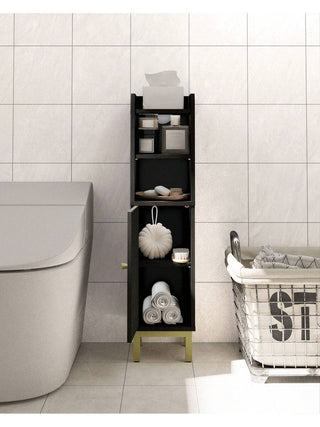 AYNEX Small Corner Bathroom Floor Cabinet With Door & Adjustable Shelves | Narrow Toilet Paper Storage Unit | MDF & Metal Base | Anti-Tip Kit Included | White & Black | 8x8x32.7"