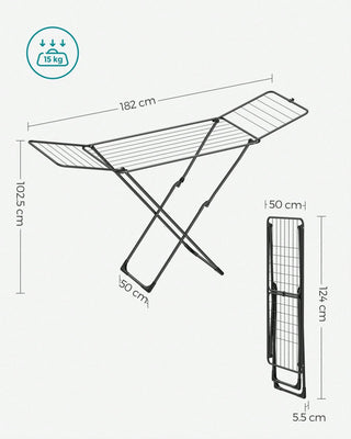 AYNEX Foldable Clothes Airer Drying Rack With Gullwings 18 Metre 17 Rods Steel 50x182x102cm Indoor Outdoor Free Standing Laundry Clothes Horse Black
