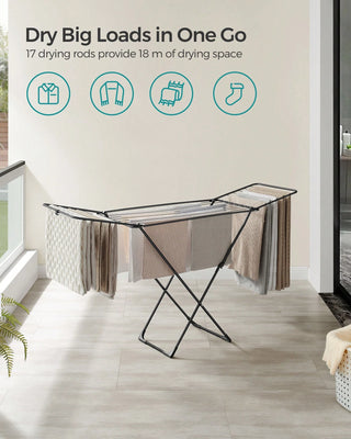AYNEX Foldable Clothes Airer Drying Rack With Gullwings 18 Metre 17 Rods Steel 50x182x102cm Indoor Outdoor Free Standing Laundry Clothes Horse Black