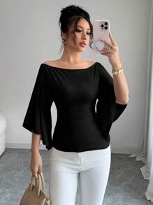 Elenzga Elegant Off Shoulder Bell Sleeve Solid Color T-Shirt For Women
