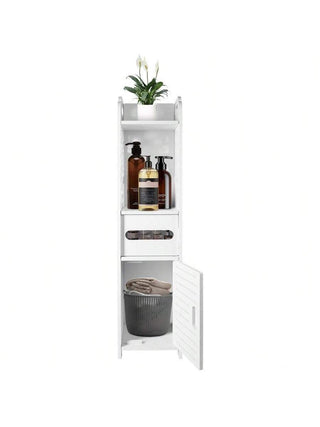 AYNEX Slim Bathroom Floor Cabinet With Door & Toilet Paper Holder | Freestanding Bathroom Storage Unit | 2 Open Shelves | White PVC | 16x16x68cm | Kitchen & Living Room Storage