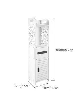 AYNEX Slim Bathroom Floor Cabinet With Door & Toilet Paper Holder | Freestanding Bathroom Storage Unit | 2 Open Shelves | White PVC | 16x16x68cm | Kitchen & Living Room Storage