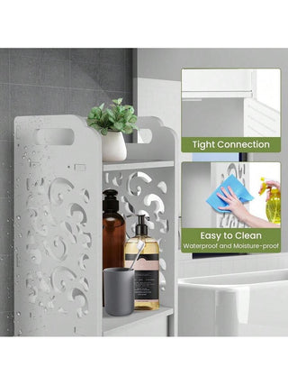 AYNEX Slim Bathroom Floor Cabinet With Door & Toilet Paper Holder | Freestanding Bathroom Storage Unit | 2 Open Shelves | White PVC | 16x16x68cm | Kitchen & Living Room Storage