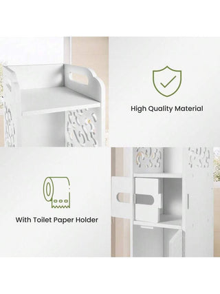AYNEX Slim Bathroom Floor Cabinet With Door & Toilet Paper Holder | Freestanding Bathroom Storage Unit | 2 Open Shelves | White PVC | 16x16x68cm | Kitchen & Living Room Storage