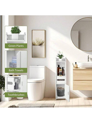 AYNEX Slim Bathroom Floor Cabinet With Door & Toilet Paper Holder | Freestanding Bathroom Storage Unit | 2 Open Shelves | White PVC | 16x16x68cm | Kitchen & Living Room Storage