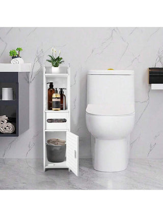 AYNEX Slim Bathroom Floor Cabinet With Door & Toilet Paper Holder | Freestanding Bathroom Storage Unit | 2 Open Shelves | White PVC | 16x16x68cm | Kitchen & Living Room Storage