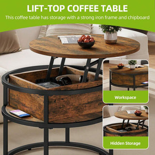 AYNEX Lift Top Coffee Table with Hidden Storage Compartment Round Lift Up Coffee Table for Living Room Rust Brown 60x60x47cm