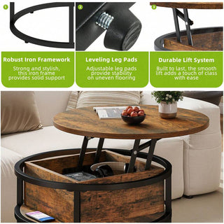 AYNEX Lift Top Coffee Table with Hidden Storage Compartment Round Lift Up Coffee Table for Living Room Rust Brown 60x60x47cm
