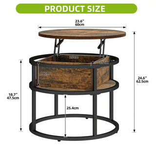 AYNEX Lift Top Coffee Table with Hidden Storage Compartment Round Lift Up Coffee Table for Living Room Rust Brown 60x60x47cm
