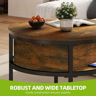 AYNEX Lift Top Coffee Table with Hidden Storage Compartment Round Lift Up Coffee Table for Living Room Rust Brown 60x60x47cm