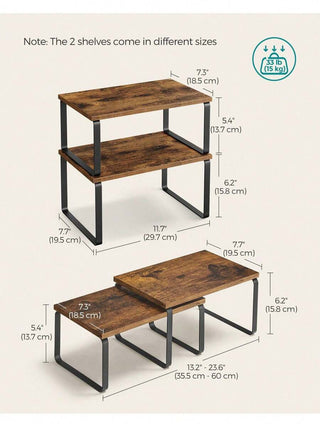 AYNEX Kitchen Counter Shelves Set of 2 | Stackable Spice Rack Organiser | Engineered Wood & Metal Frame | Rust Brown Matte | 29.7x19.5x15.8cm | 15kg Load | Pantry & Cabinet Storage