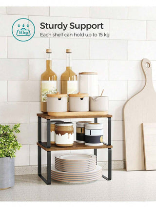 AYNEX Kitchen Counter Shelves Set of 2 | Stackable Spice Rack Organiser | Engineered Wood & Metal Frame | Rust Brown Matte | 29.7x19.5x15.8cm | 15kg Load | Pantry & Cabinet Storage