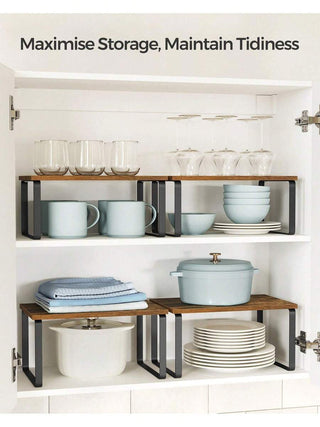 AYNEX Kitchen Counter Shelves Set of 2 | Stackable Spice Rack Organiser | Engineered Wood & Metal Frame | Rust Brown Matte | 29.7x19.5x15.8cm | 15kg Load | Pantry & Cabinet Storage