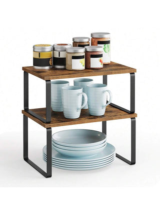 AYNEX Kitchen Counter Shelves Set of 2 | Stackable Spice Rack Organiser | Engineered Wood & Metal Frame | Rust Brown Matte | 29.7x19.5x15.8cm | 15kg Load | Pantry & Cabinet Storage