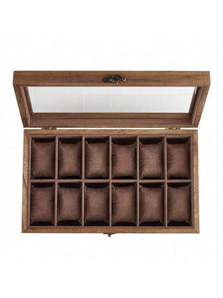 AYNEX 12 Slot Solid Wood Watch Box Organiser Glass Lid Rustic Walnut Watch Case Display Box Removable Pillows Velvet Interior Gift Idea