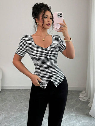 Elenzga Women's Summer Houndstooth Single-Breasted Short Sleeve Fitted T-Shirt
