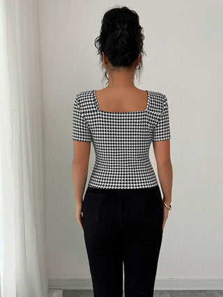 Elenzga Women's Summer Houndstooth Single-Breasted Short Sleeve Fitted T-Shirt