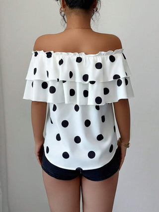 Polka Dot Off-Shoulder Ruffle Blouse for Women – Tiered Short Sleeve Summer Top, AYNEX WEAR