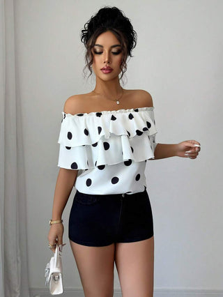 Polka Dot Off-Shoulder Ruffle Blouse for Women – Tiered Short Sleeve Summer Top, AYNEX WEAR
