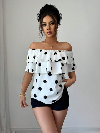 Polka Dot Off-Shoulder Ruffle Blouse for Women – Tiered Short Sleeve Summer Top, AYNEX WEAR
