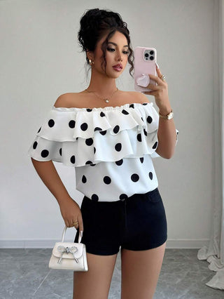 Polka Dot Off-Shoulder Ruffle Blouse for Women – Tiered Short Sleeve Summer Top, AYNEX WEAR