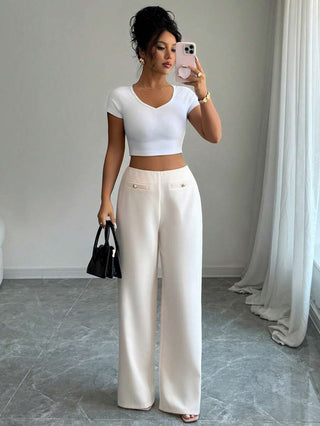 Elenzga Women's Solid Color Button Design Straight Loose Casual Pants Fall Cloth For Women